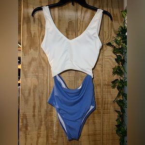 White and blue swimsuit one piece with back and stomach cut out
